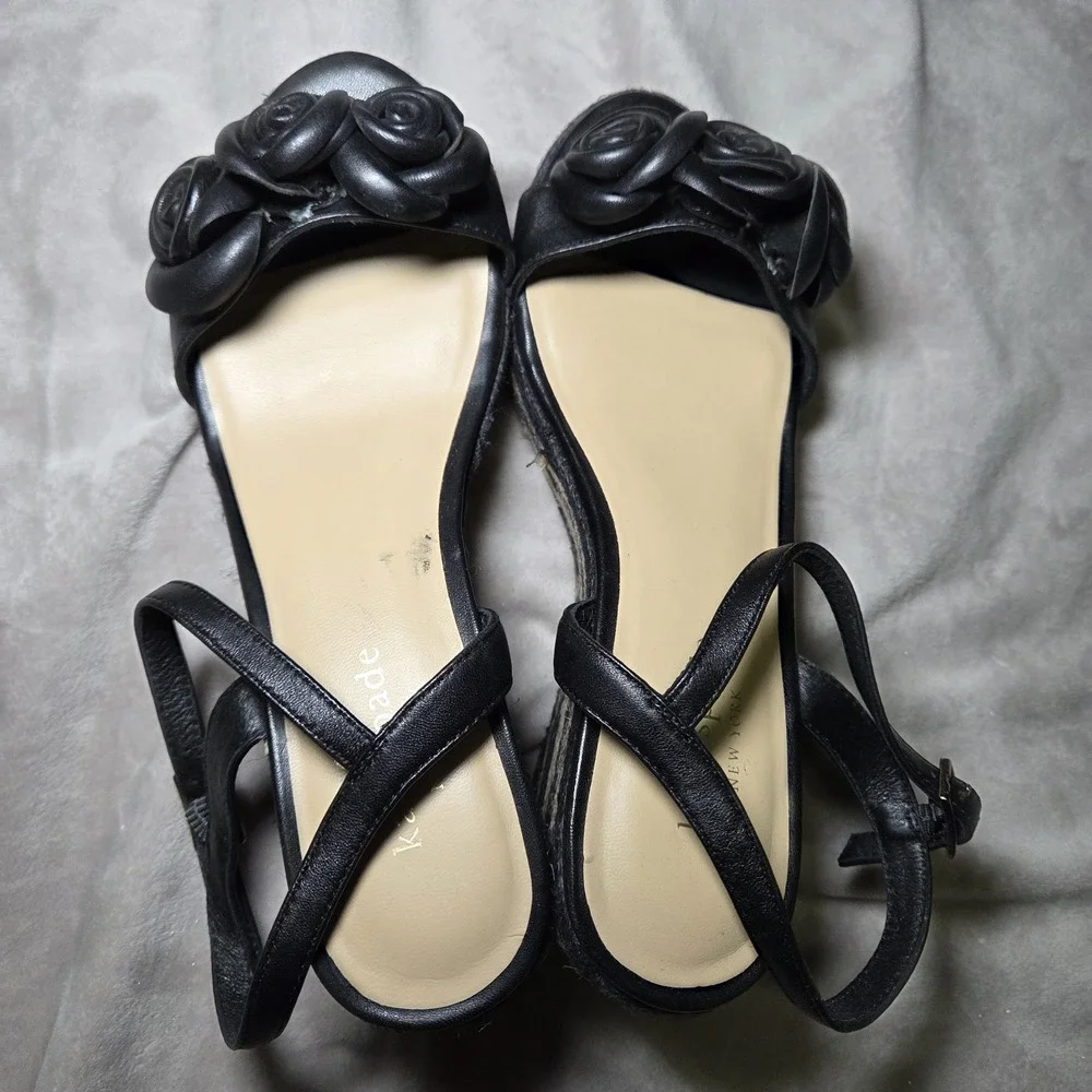 Kate Spade New York Jill Rosette Black Cream Espadrille Platform Wedge Sandals 6